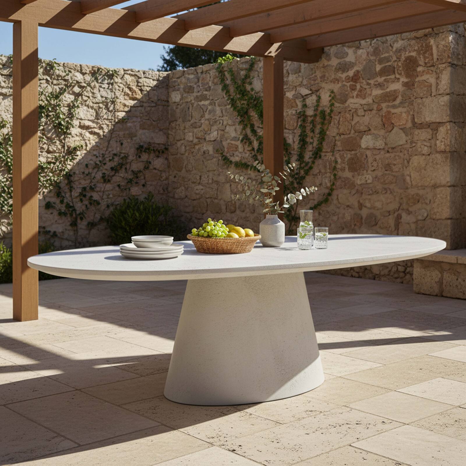 Table de jardin ovale effet béton lisse 10 personnes 250x110 cm
