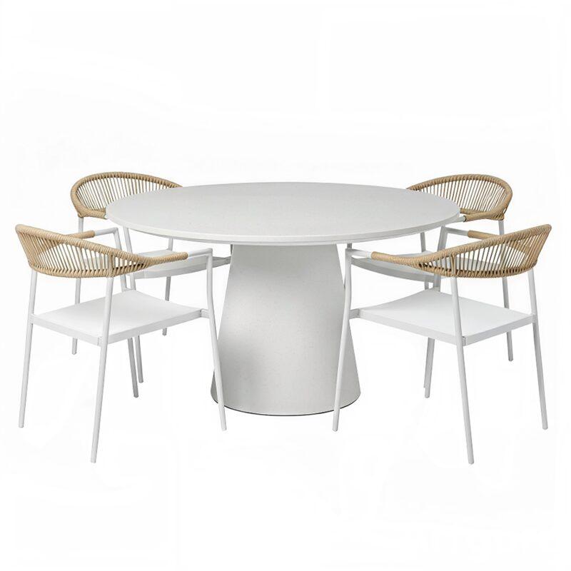 Table de jardin ronde effet béton lisse Ø130x76 cm et 4 chaises empilables en textilène