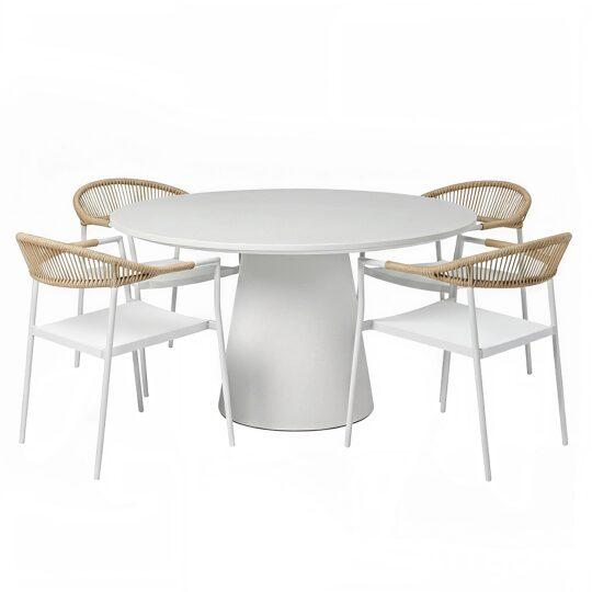 Table de jardin ronde effet béton lisse Ø130x76 cm et 4 chaises empilables en textilène | Oviala