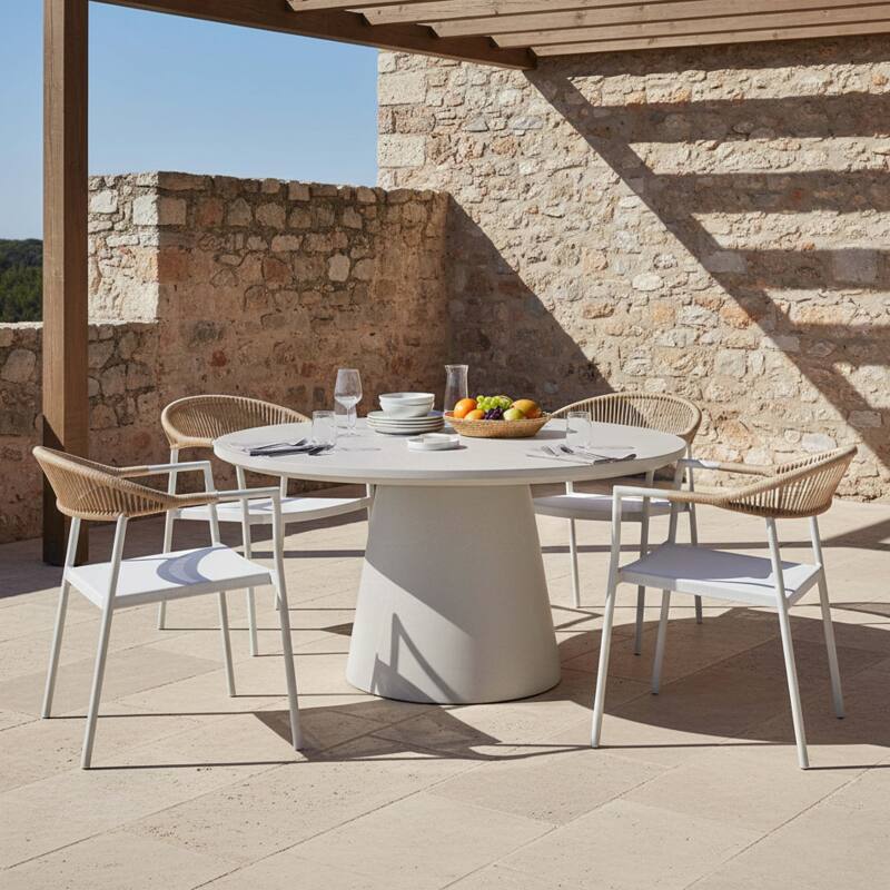Table de jardin ronde effet béton lisse Ø130x76 cm et 4 chaises empilables en textilène - Ambiance