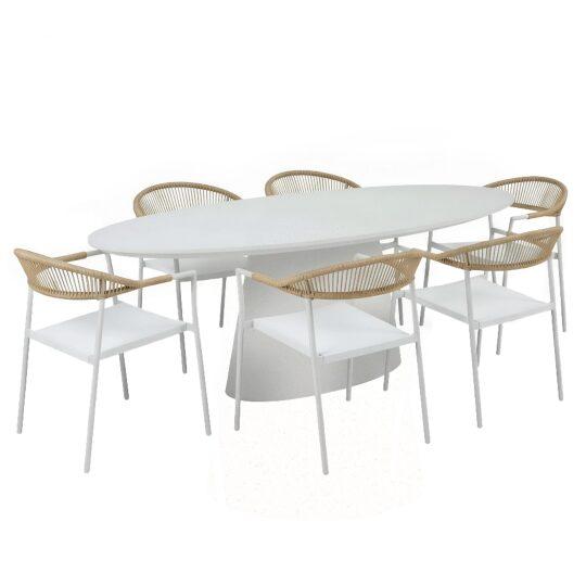 Table de jardin ovale effet béton lisse 200x110 cm et 6 chaises empilables en textilène | Oviala