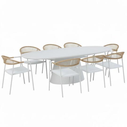 Table de jardin ovale effet béton lisse 250x110 cm et 8 chaises empilables en textilène | Oviala