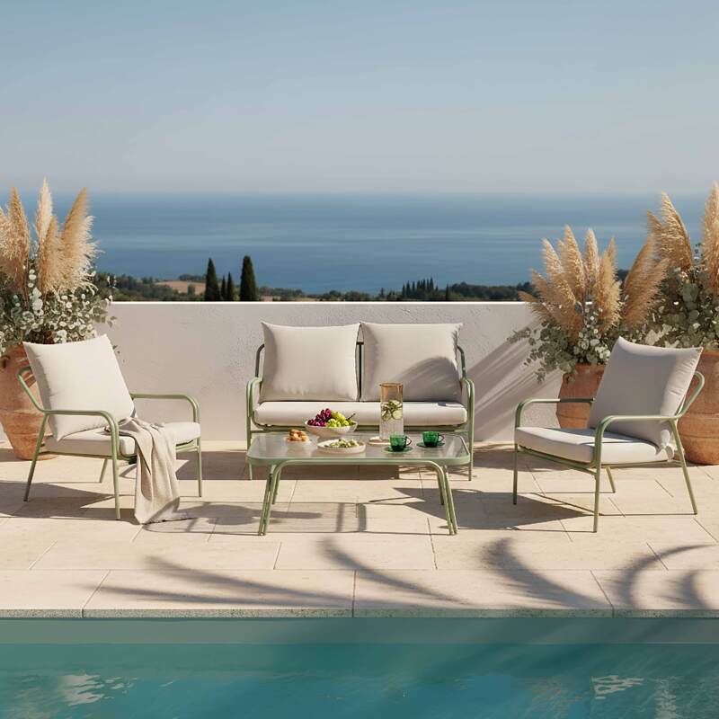 Salon de jardin en métal et verre trempé 4 places  - Ambiance