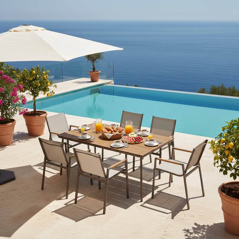 Table de jardin en métal et polywood 150x90 cm et 6 chaises 