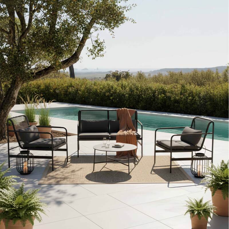 Salon de jardin en métal 4 places avec 1 canapé, 2 fauteuils et table basse (7/8)