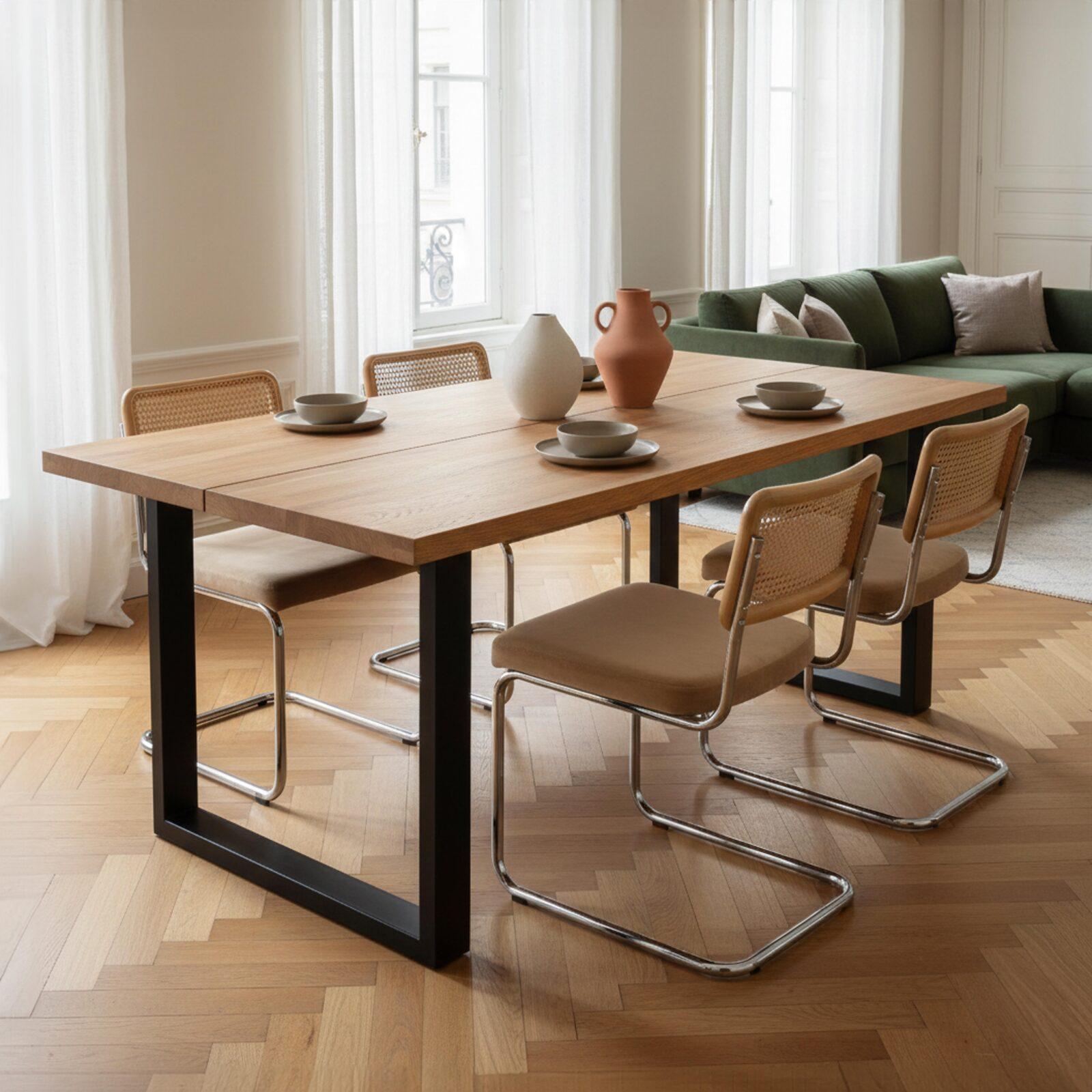 Table à manger noir et bois de chêne FSC® avec pieds en métal en U