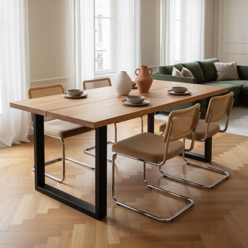 Table à manger noir et bois de chêne FSC® avec pieds en métal en U