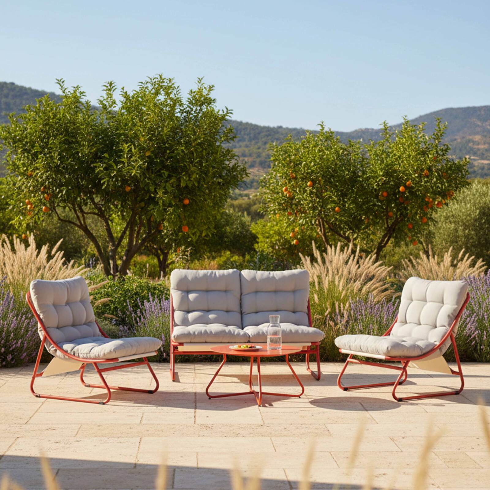 Salon de jardin en métal 4 places avec 1 canapé, 2 fauteuils et table basse