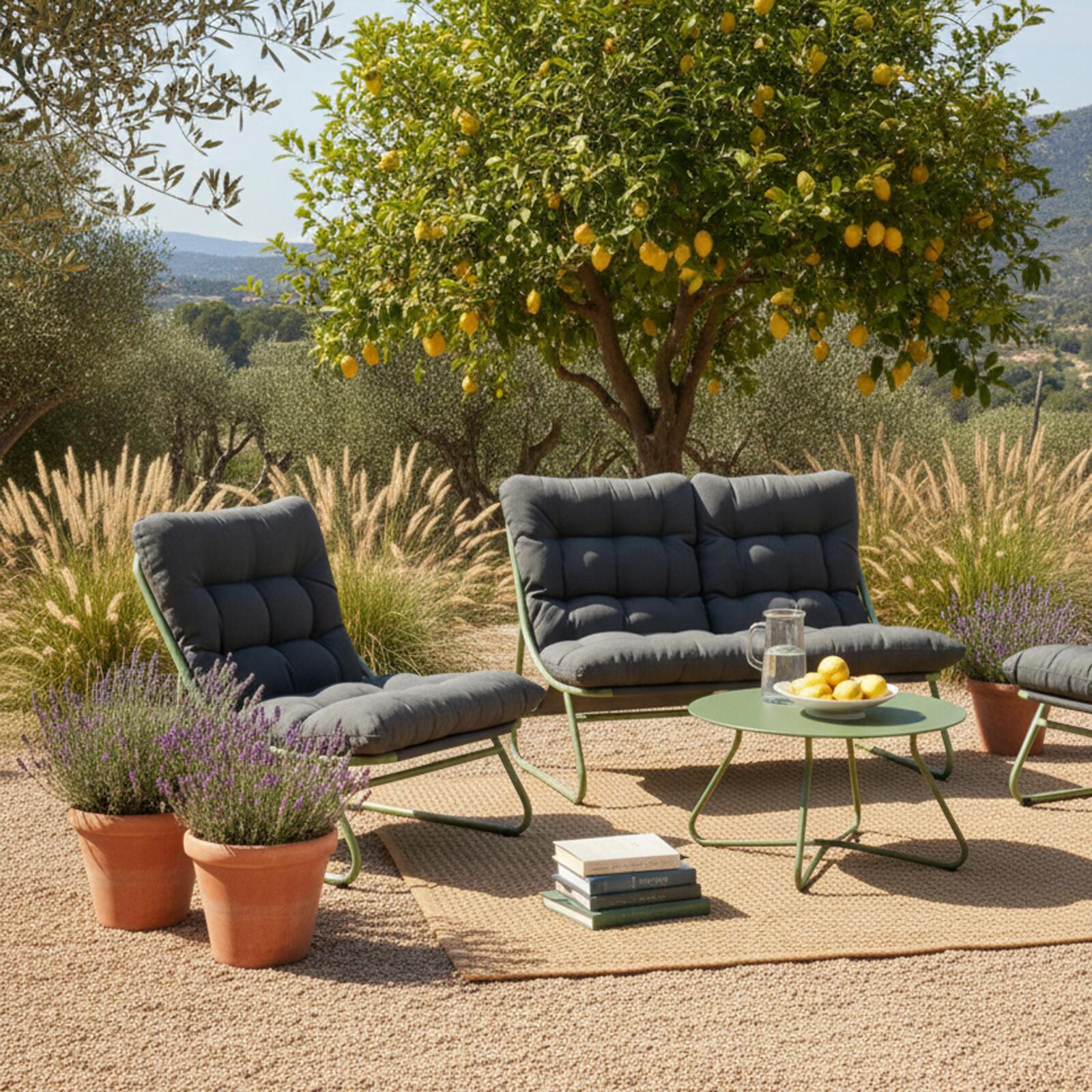 Salon de jardin en métal 4 places avec 1 canapé, 2 fauteuils et table basse