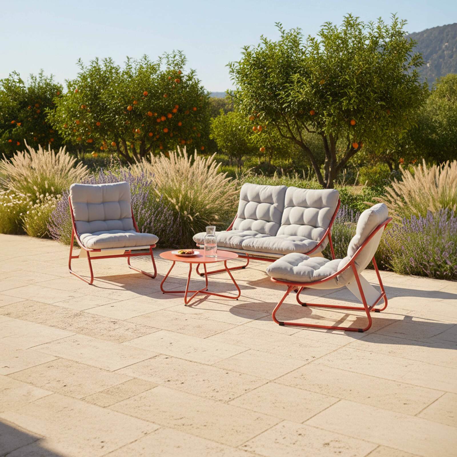 Salon de jardin en métal 4 places avec 1 canapé, 2 fauteuils et table basse