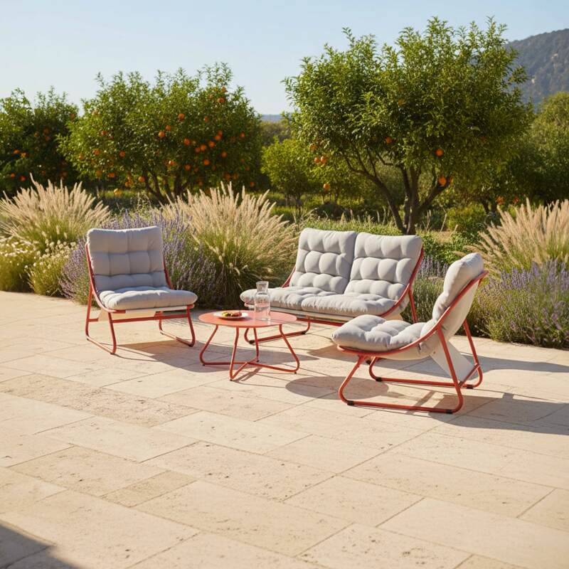 Salon de jardin en métal 4 places avec 1 canapé, 2 fauteuils et table basse