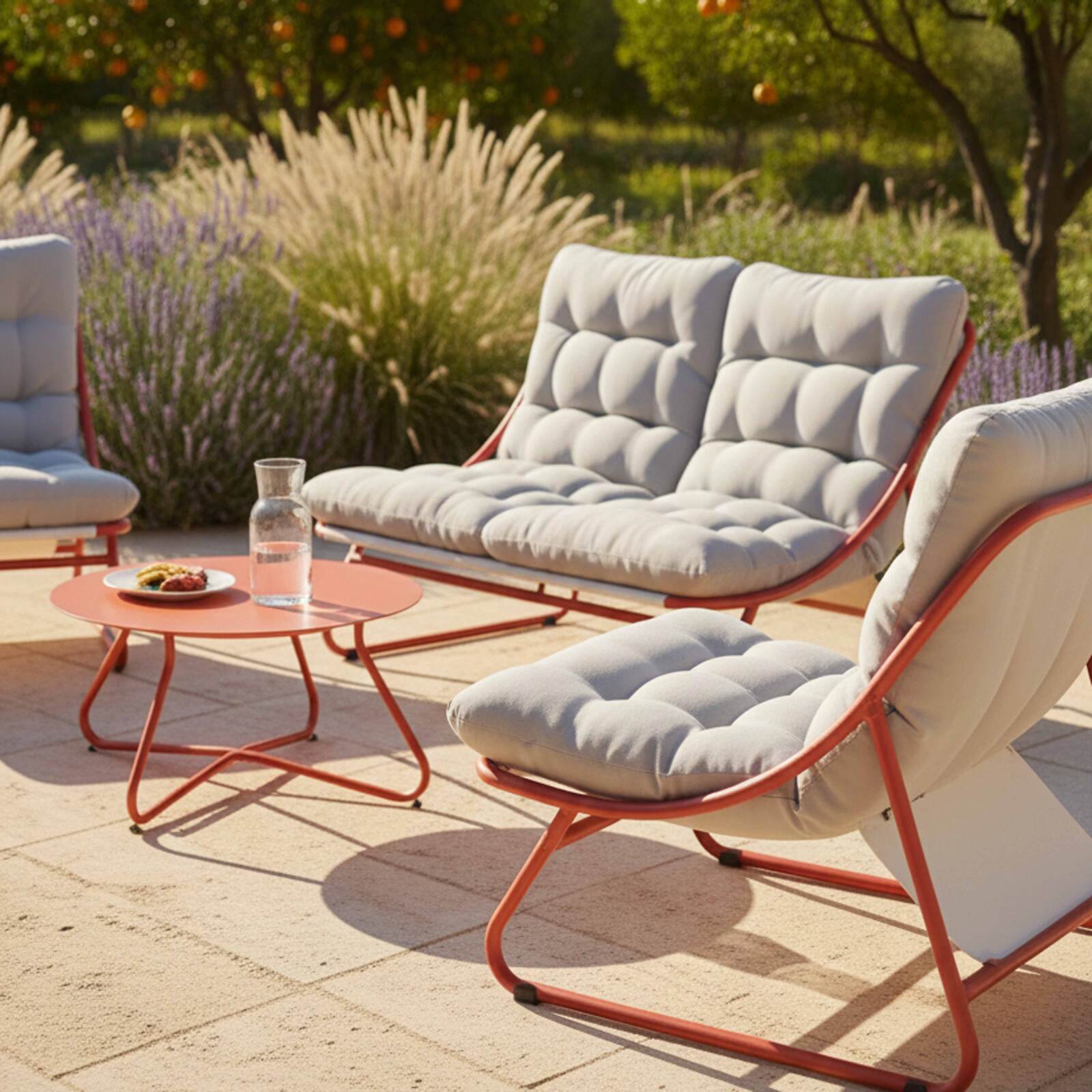 Salon de jardin en métal 4 places avec 1 canapé, 2 fauteuils et table basse