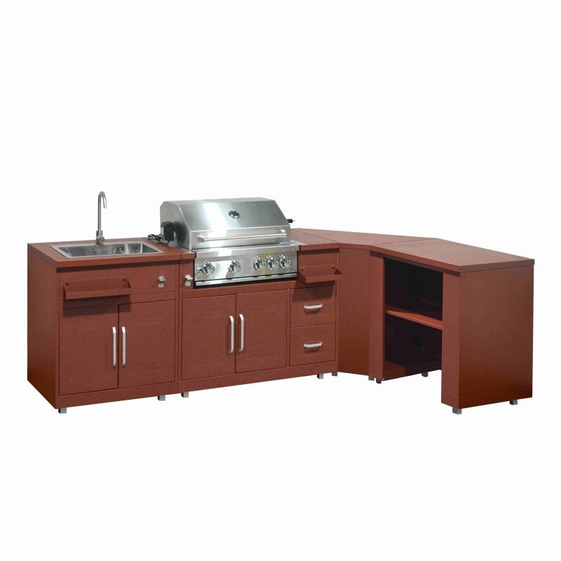 Cuisine extérieure en métal d'angle avec évier, barbecue et rangements - 4 modules