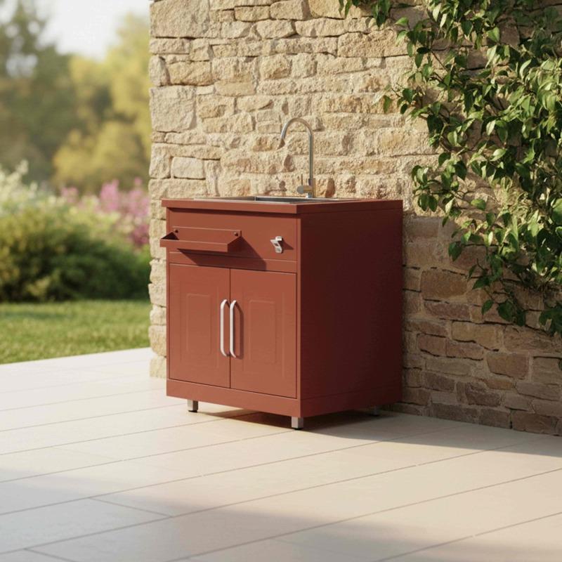 Cuisine extérieure en métal d'angle avec évier, barbecue et rangements - 5 modules