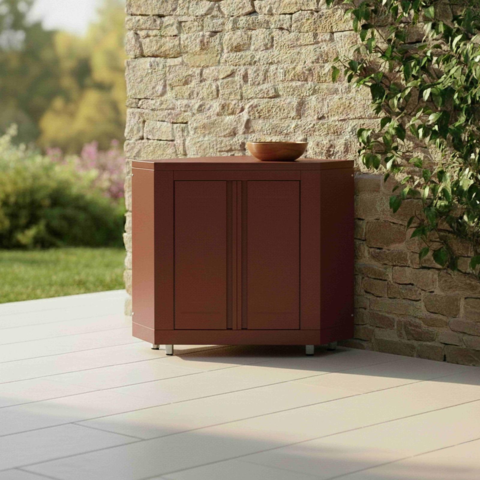 Cuisine extérieure en métal d'angle avec évier, barbecue et rangements - 5 modules