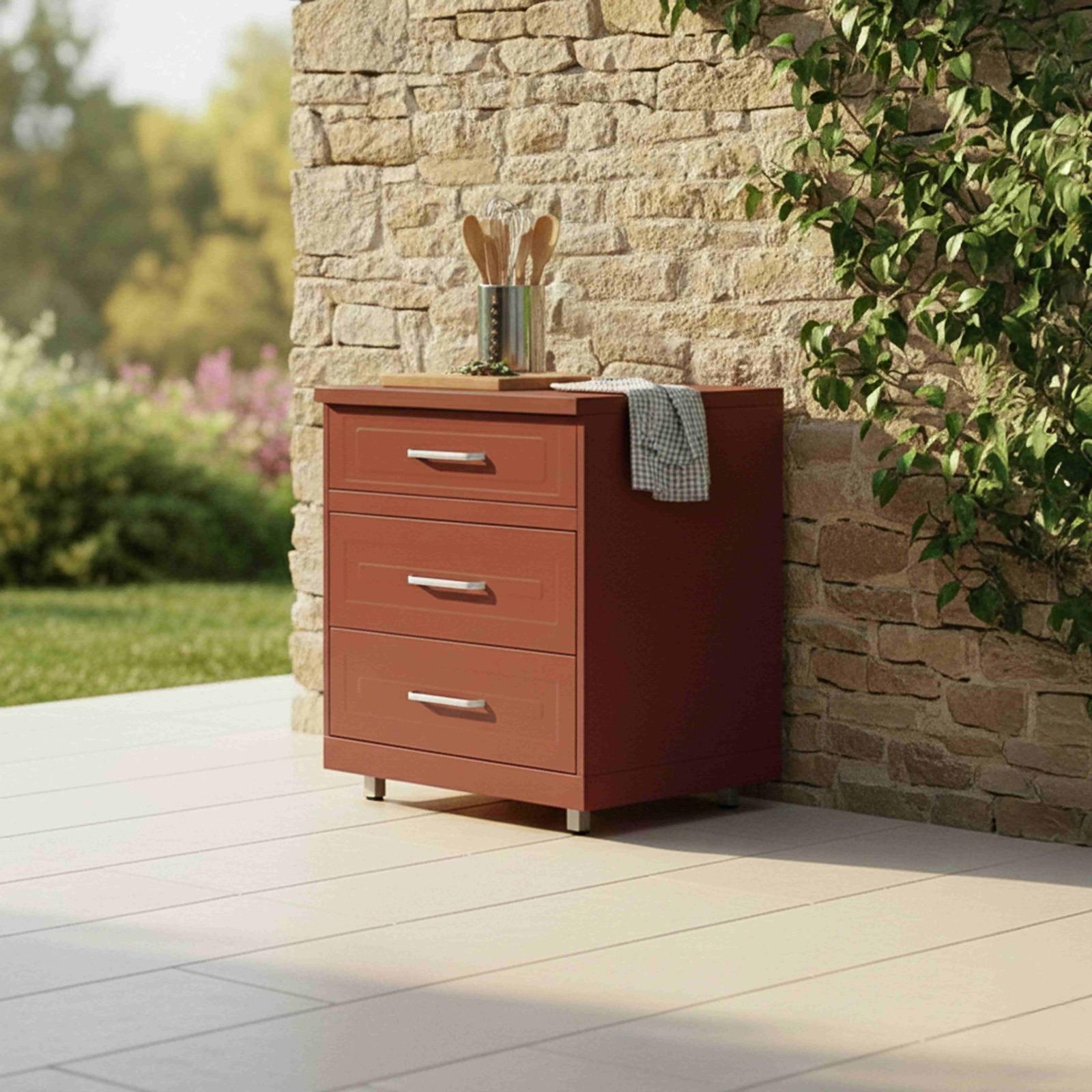 Cuisine extérieure en métal d'angle avec évier, barbecue et rangements - 5 modules