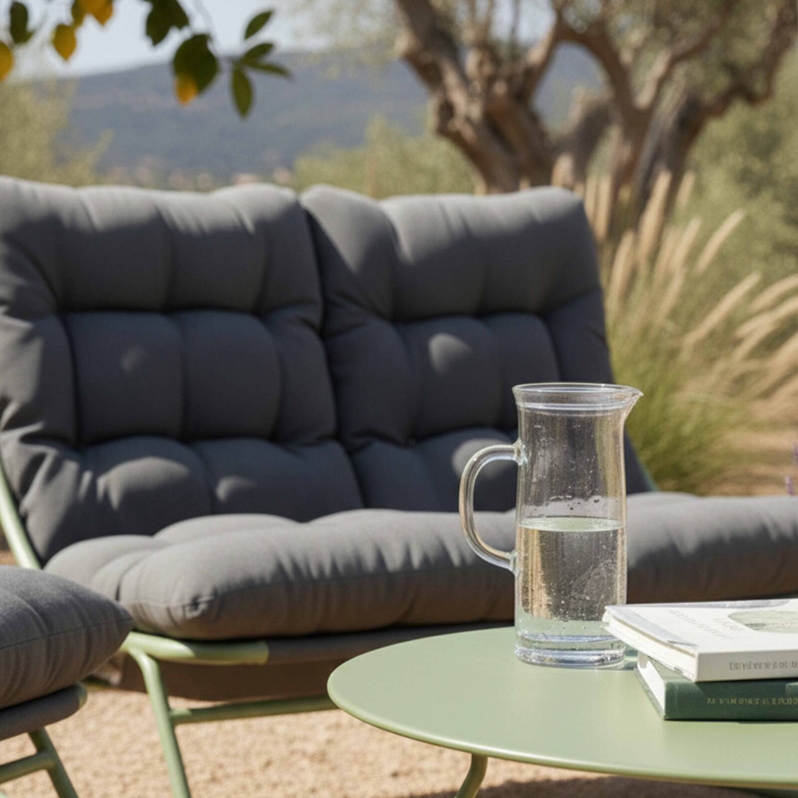 Salon de jardin en métal 4 places avec 1 canapé, 2 fauteuils et table basse