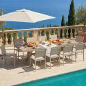 Table de jardin extensible en aluminium et céramique effet bois 200/260x100 cm et 10 chaises en textilène