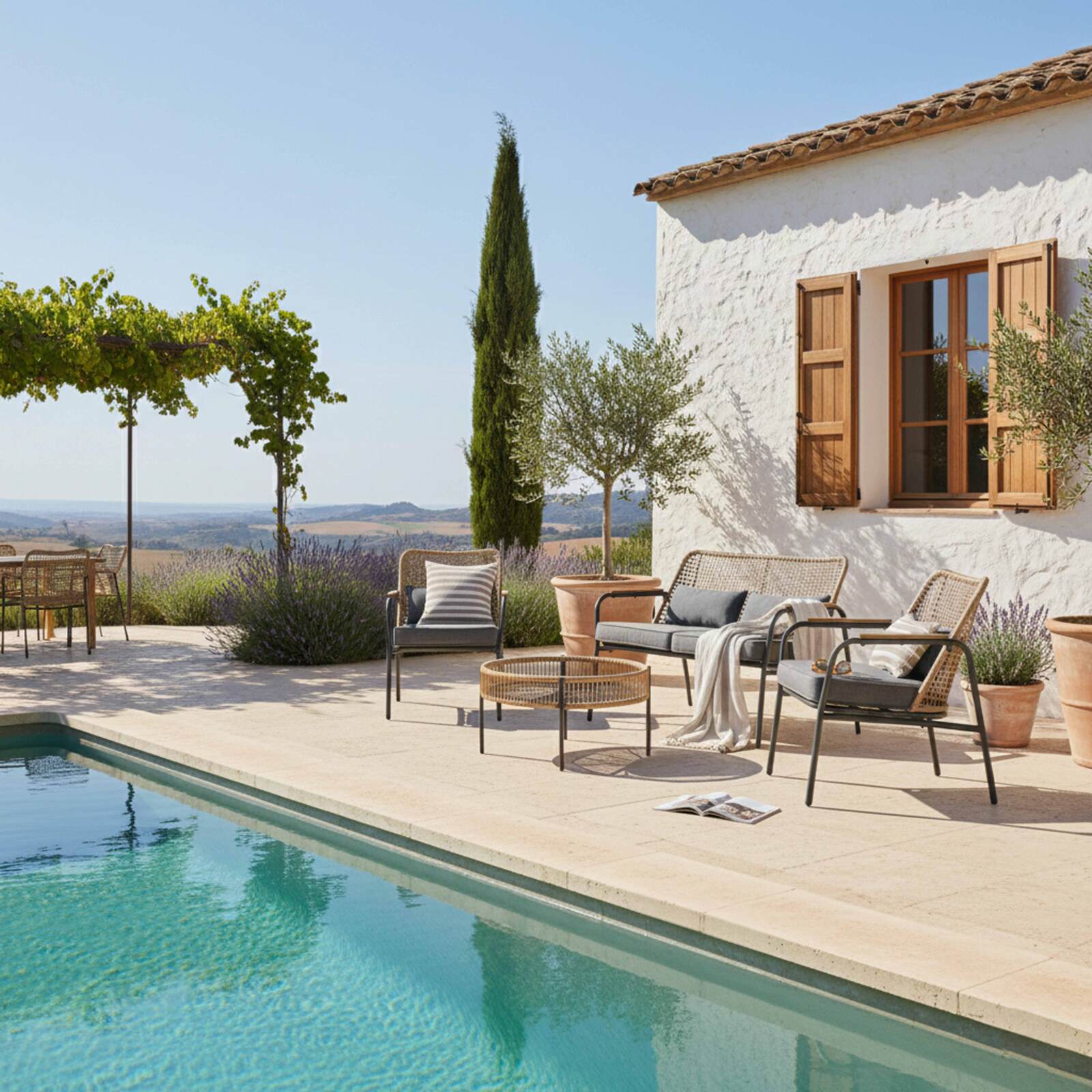 Salon de jardin 4 places en rotin synthétique, avec un canapé, 2 fauteuils et table basse