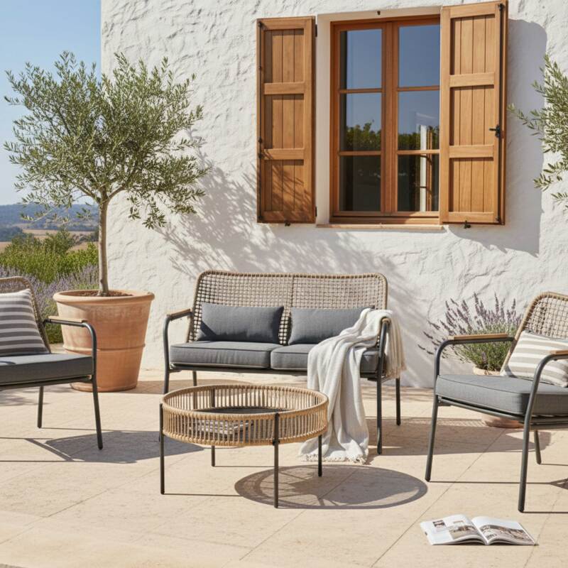 Salon de jardin 4 places en rotin synthétique, avec un canapé, 2 fauteuils et table basse (2/9)