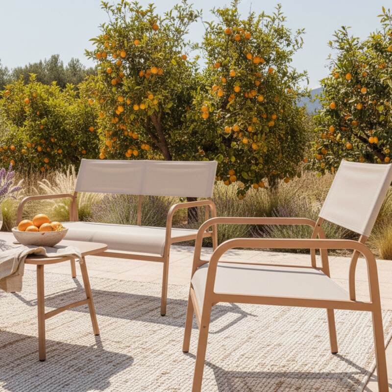 Salon de jardin en métal et textilène 4 places avec 1 canapé, 2 fauteuils et table basse (2/8)