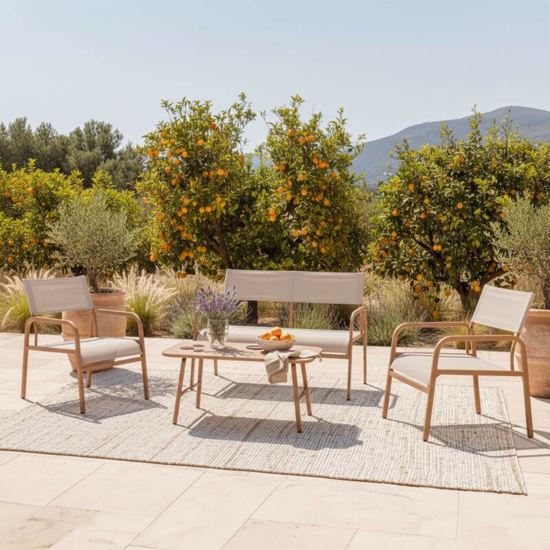 Salon de jardin en métal et textilène 4 places avec 1 canapé, 2 fauteuils et table basse