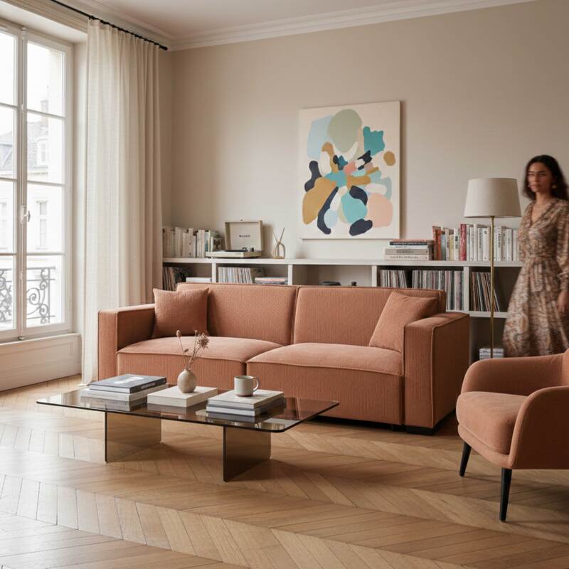 Canapé 3 places en velours côtelé avec coussins