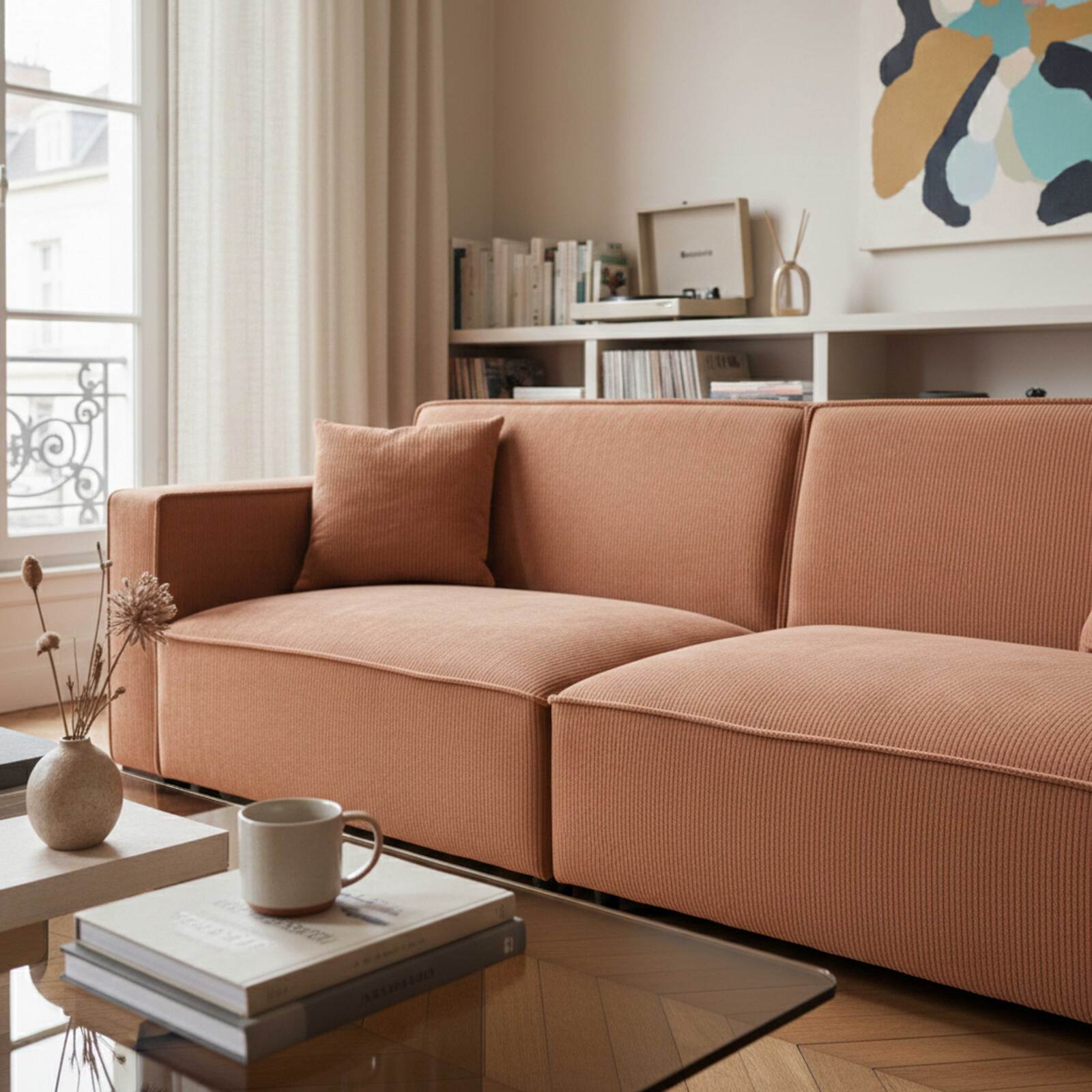 Canapé 3 places en velours côtelé avec coussins