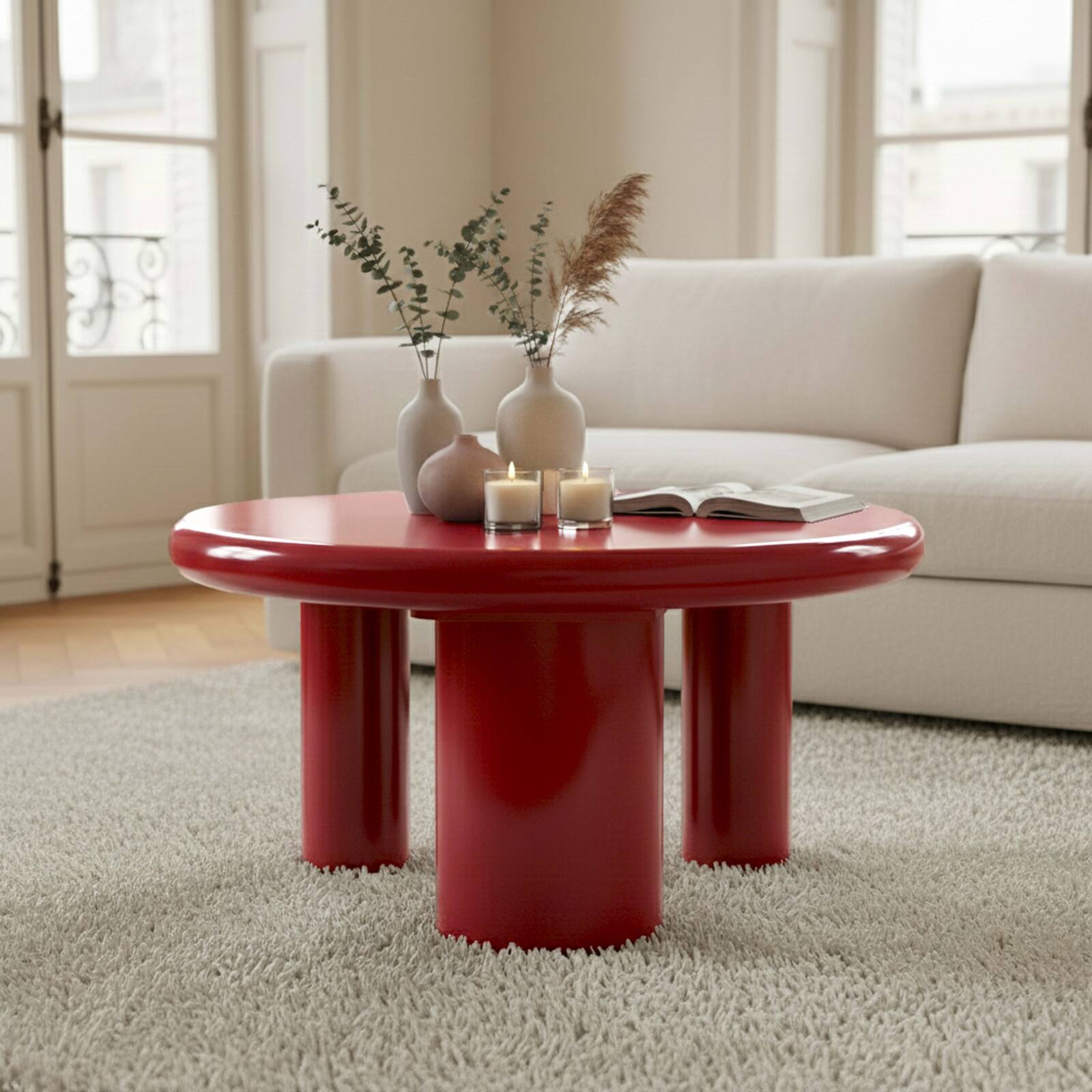 Table basse effet laqué ronde Ø70 cm style rétro  