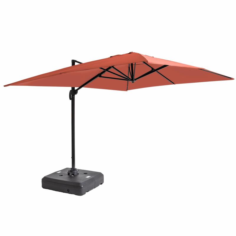Parasol déporté 4x3 m rectangulaire inclinable rotatif 360° et dalle à lester sur roues 100L