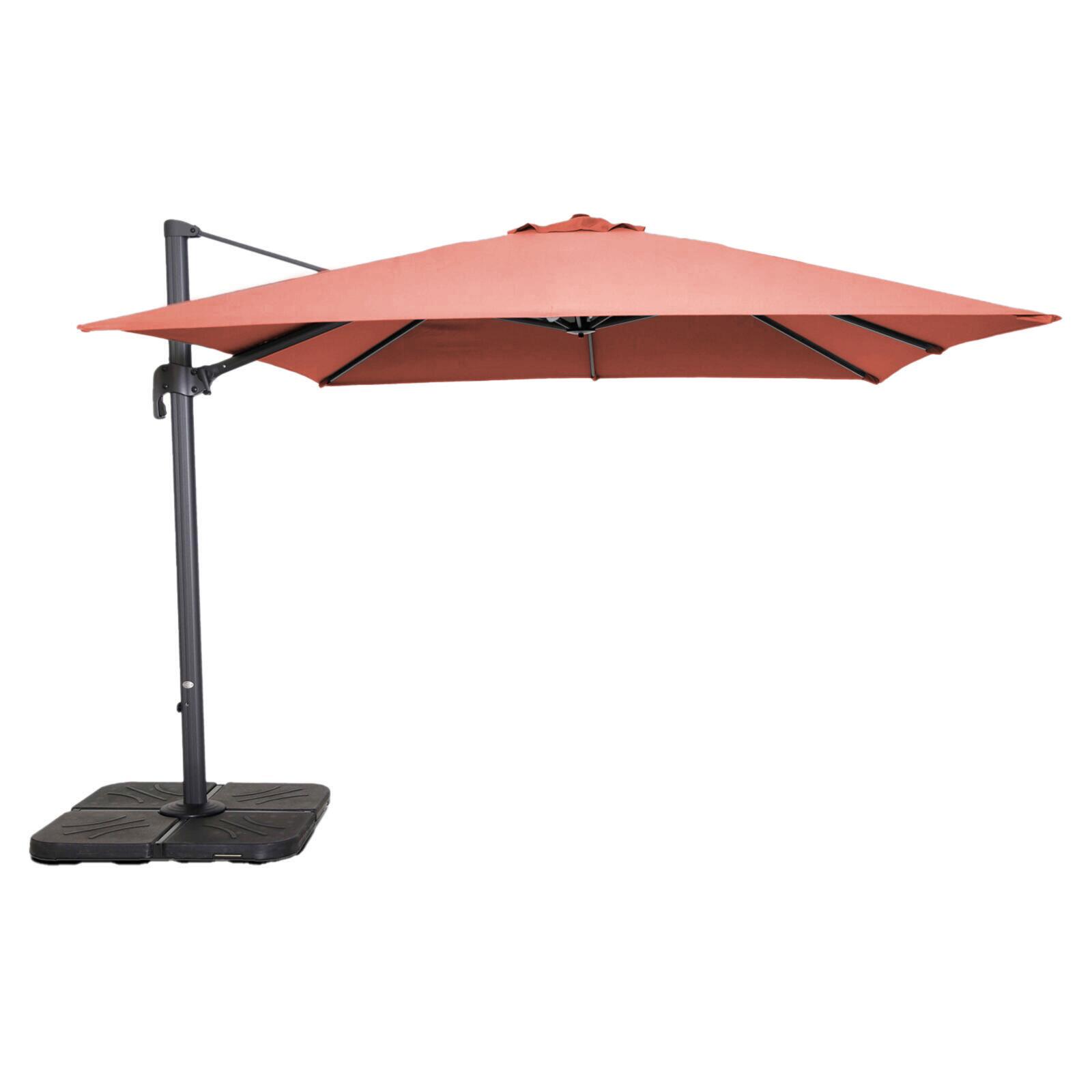 Parasol déporté 3x3 m carré inclinable rotatif 360° et 4 dalles à lester remplissables