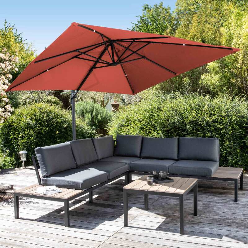 Parasol déporté 3x3 m carré inclinable rotatif 360° et 4 dalles à lester remplissables