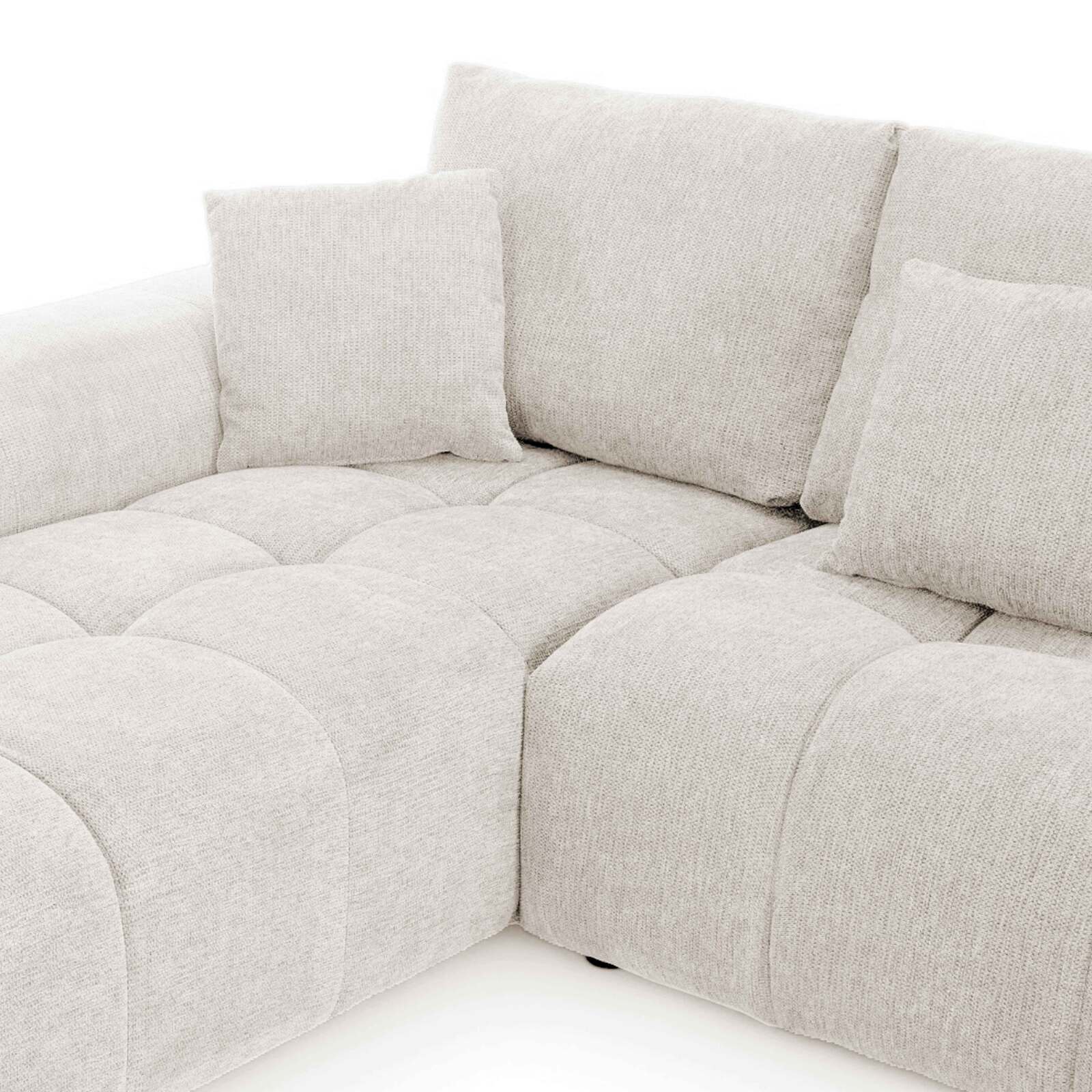 Canapé d'angle 3 places en tissu avec méridienne gauche et coussins