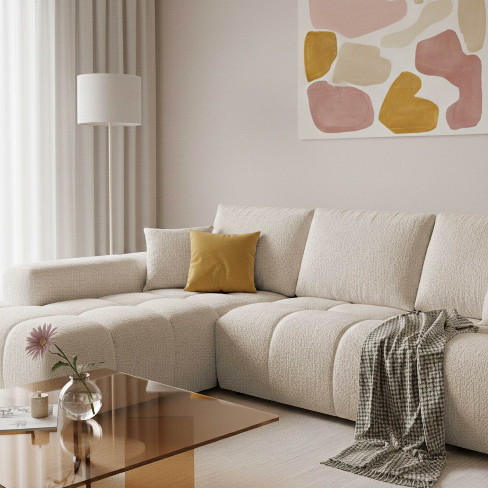 Canapé d'angle 3 places en tissu avec méridienne gauche et coussins