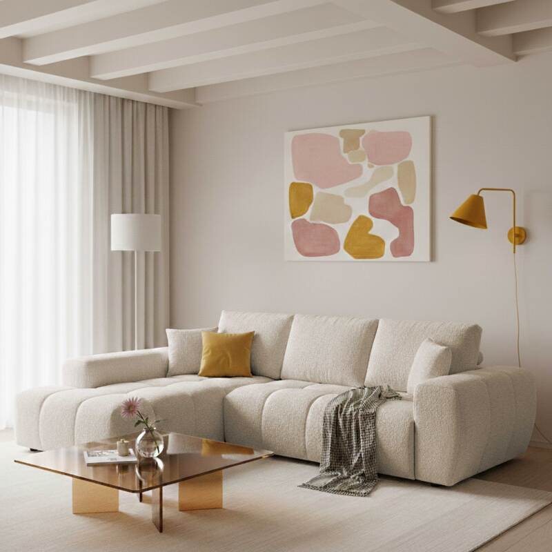 Canapé d'angle 3 places en tissu avec méridienne gauche et coussins