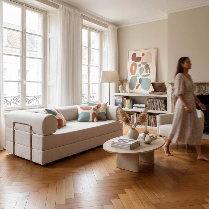 Canapé convertible 2 places en tissu avec coussins (6/8)