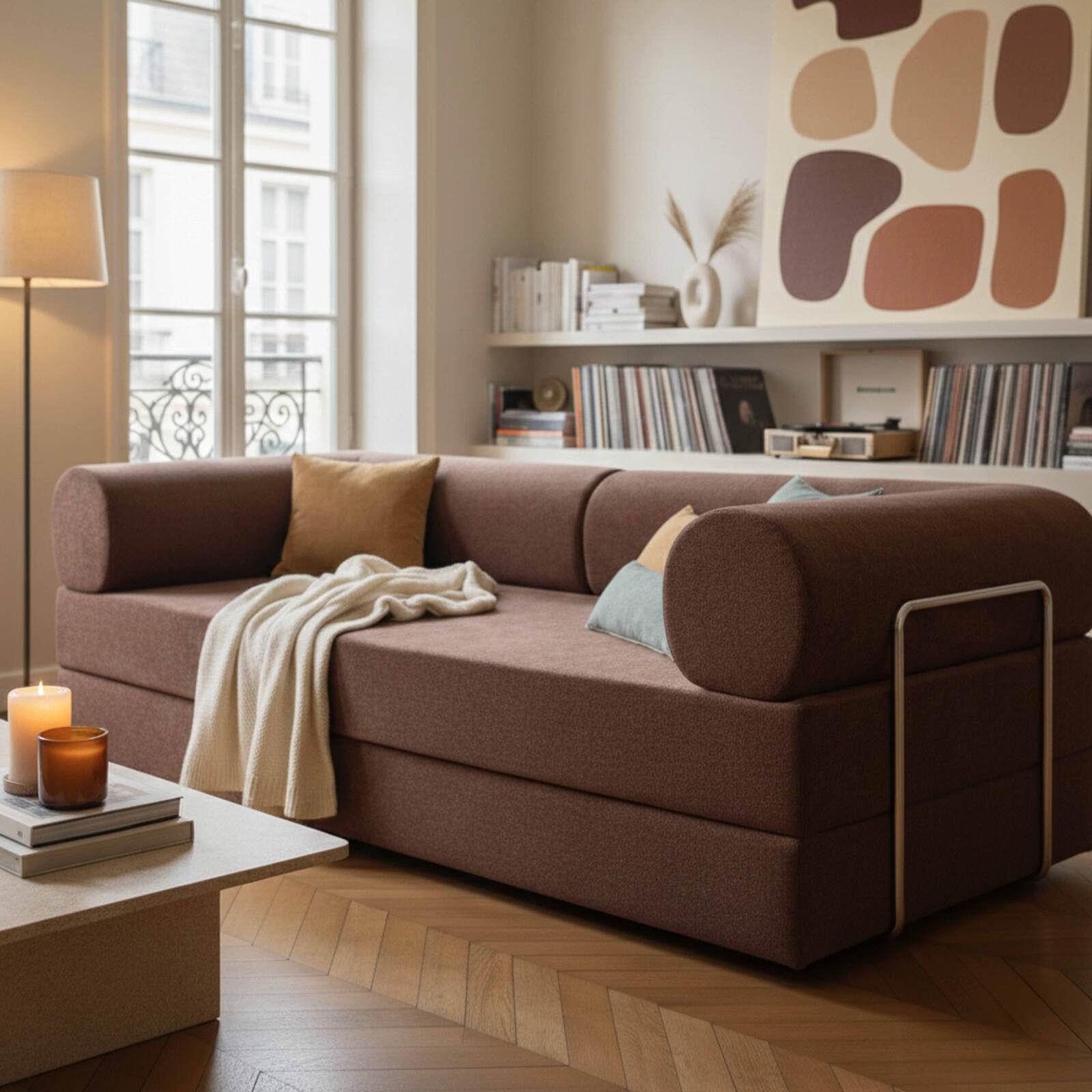 Canapé convertible 2 places en tissu avec coussins