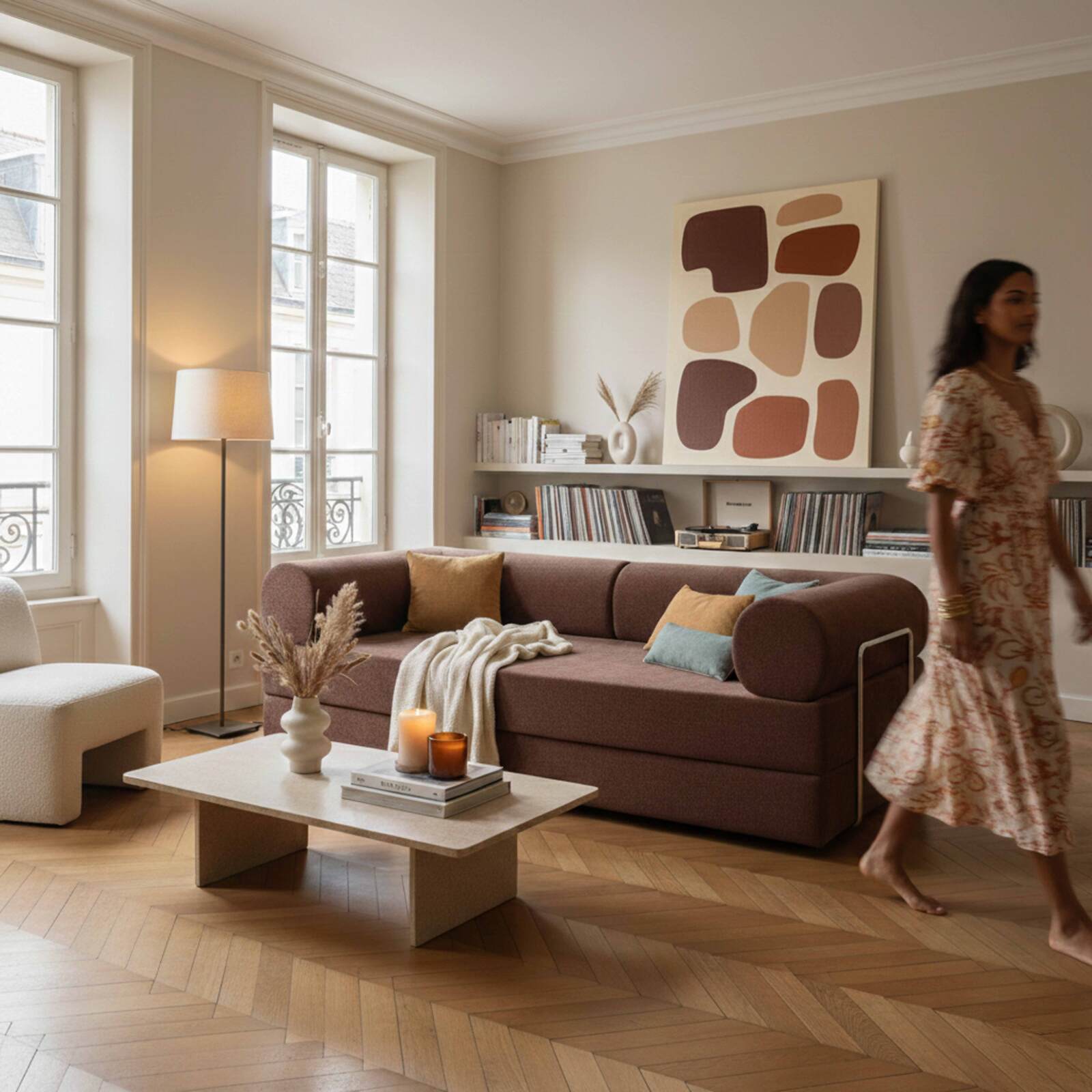 Canapé convertible 2 places en tissu avec coussins