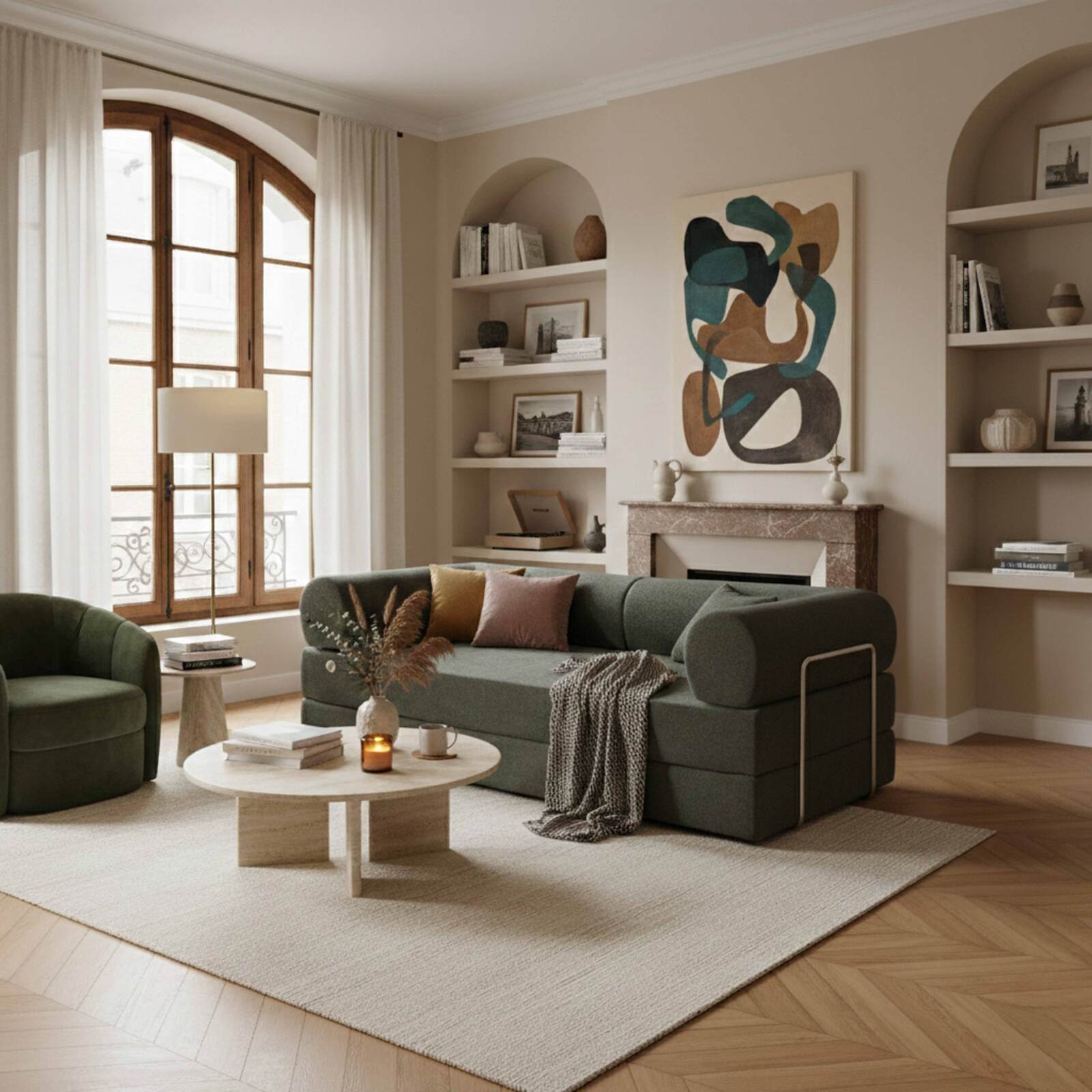 Canapé convertible 2 places en tissu avec coussins