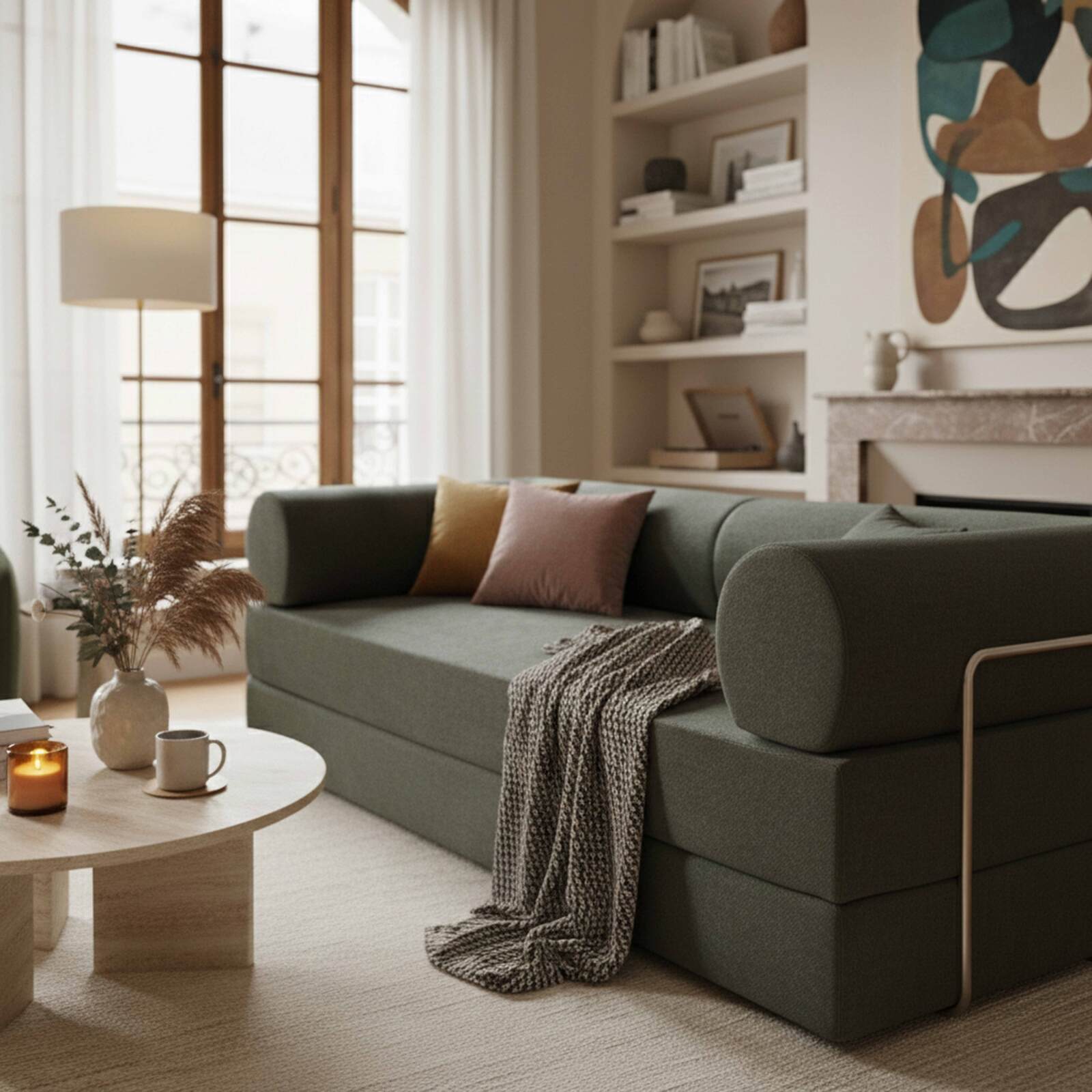 Canapé convertible 2 places en tissu avec coussins