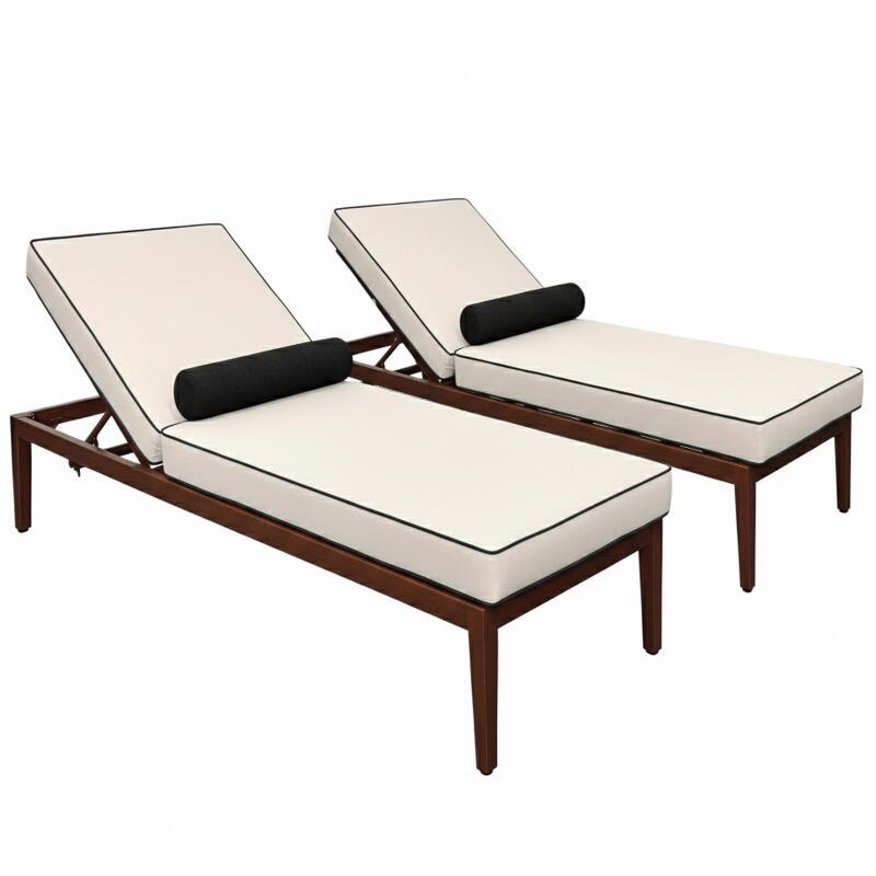 Bains de soleil aluminium effet bois inclinables 4 positions avec coussin - Lot de 2 