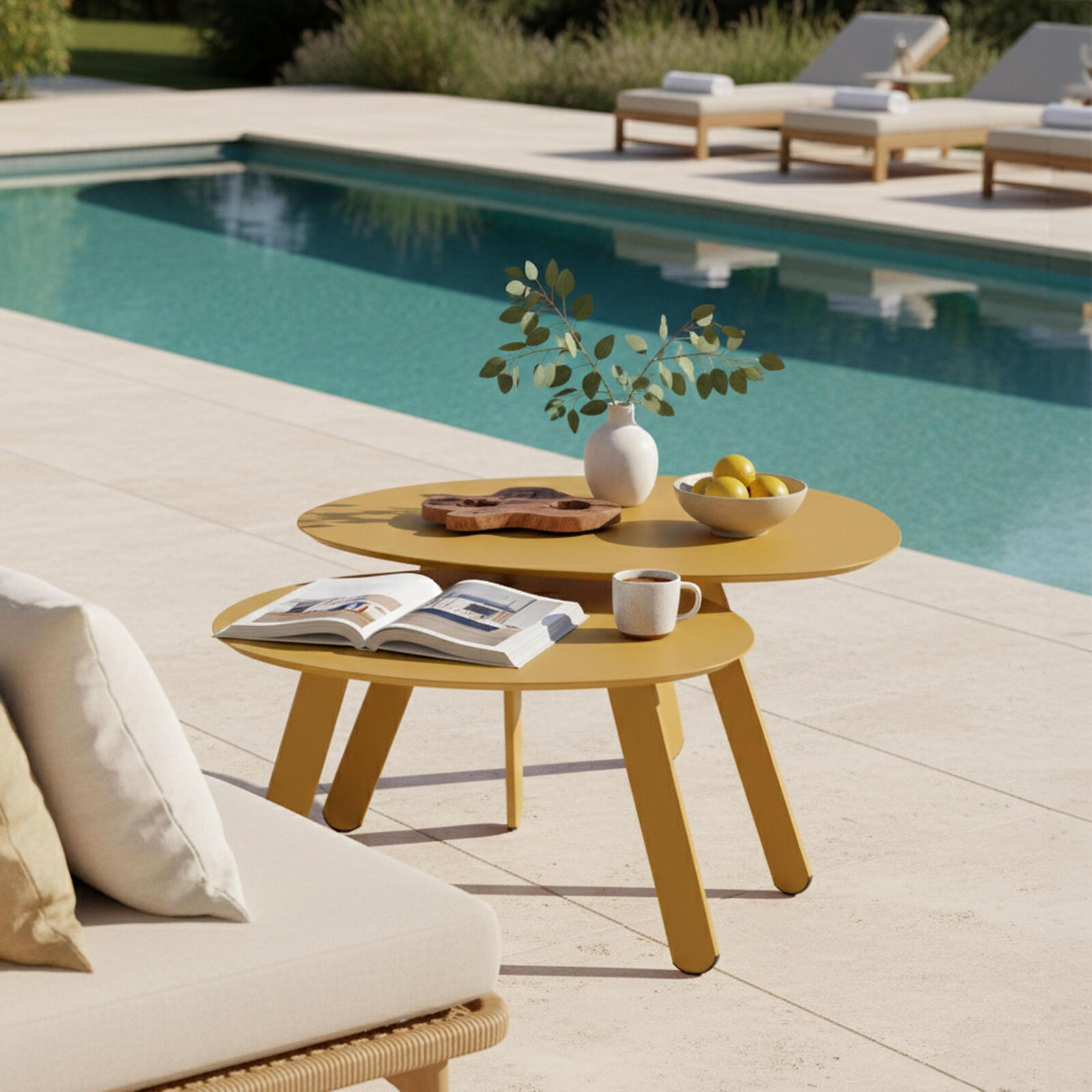 Tables basses gigognes de jardin rondes en métal Ø68x40 cm et Ø55x36 cm - Par 2