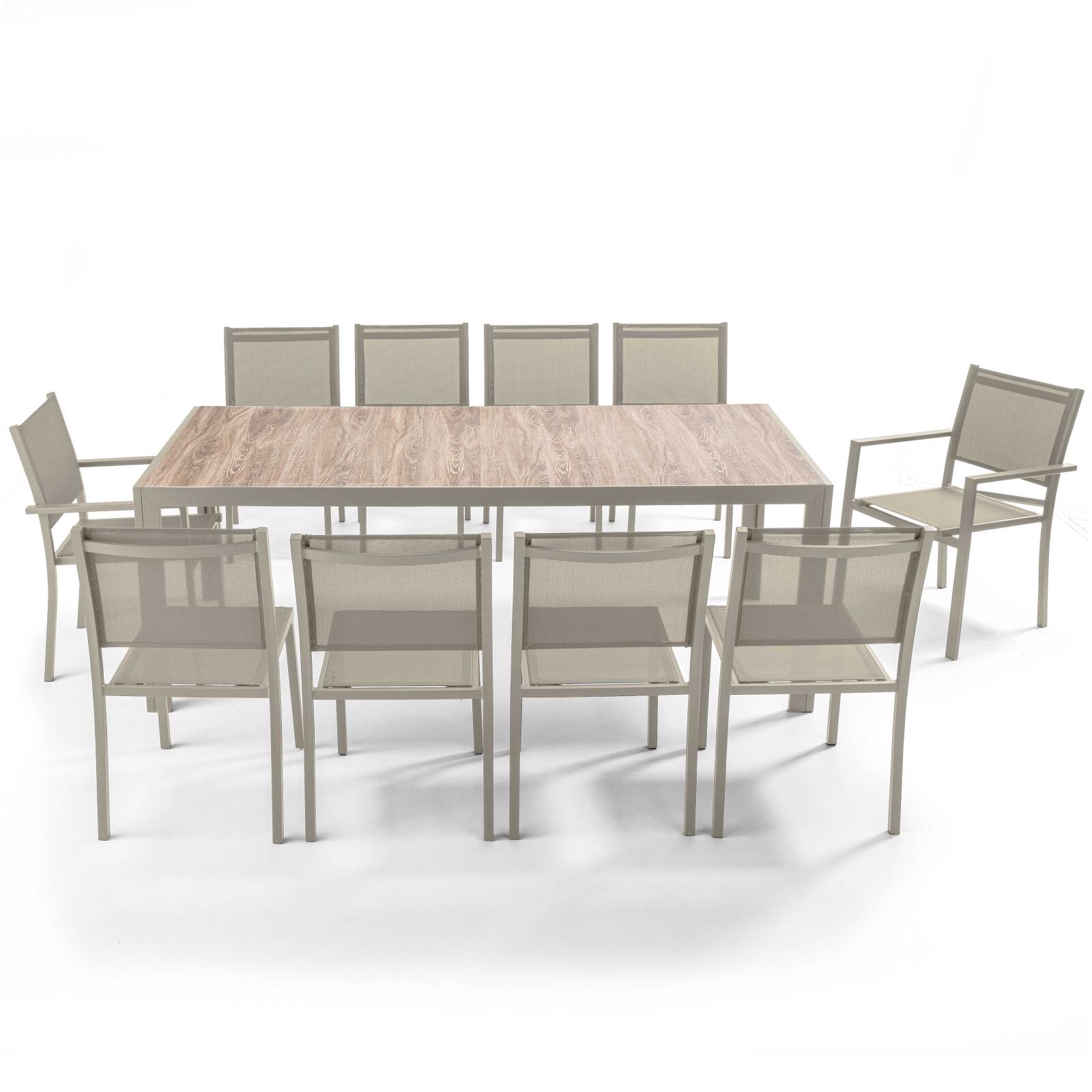 Table de jardin en aluminium et céramique effet bois 206x100 cm et 10 chaises en textilène