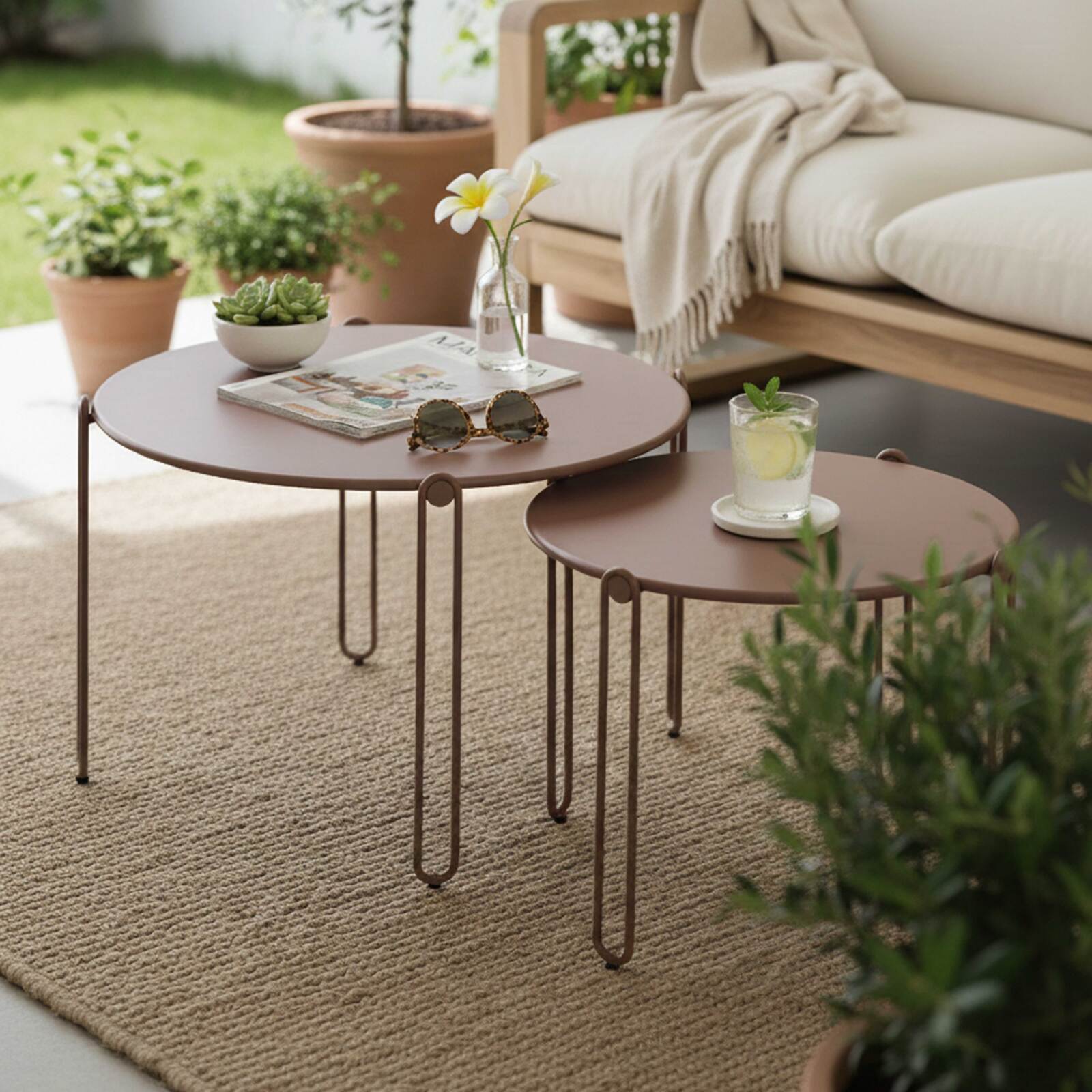 Tables basses gigognes de jardin rondes en métal Ø60x40 cm et Ø45x36 cm - Par 2