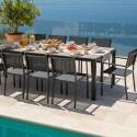 Table de jardin en aluminium et céramique effet bois 206x100 cm et 10 chaises en textilène