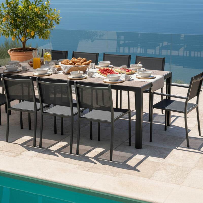 Table de jardin en aluminium et céramique effet bois 206x100 cm et 10 chaises en textilène (3/9)