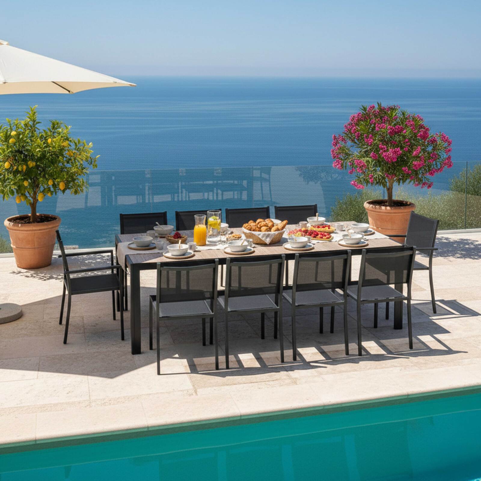Table de jardin en aluminium et céramique effet bois 206x100 cm et 10 chaises en textilène