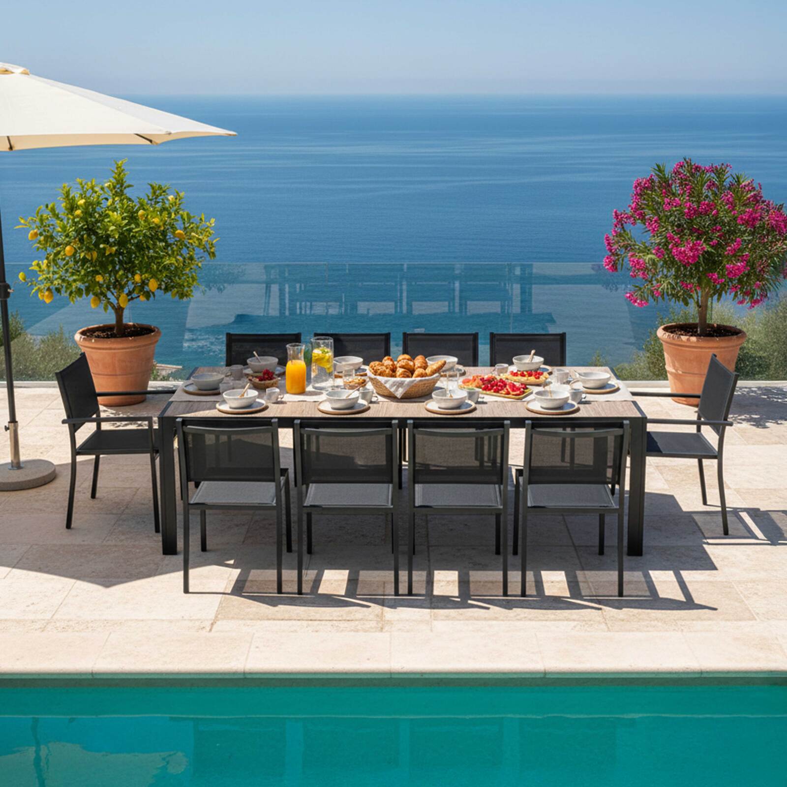Table de jardin en aluminium et céramique effet bois 206x100 cm et 10 chaises en textilène