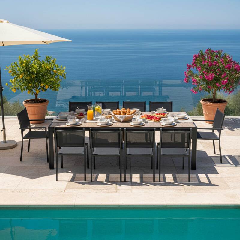 Table de jardin en aluminium et céramique effet bois 206x100 cm et 10 chaises en textilène