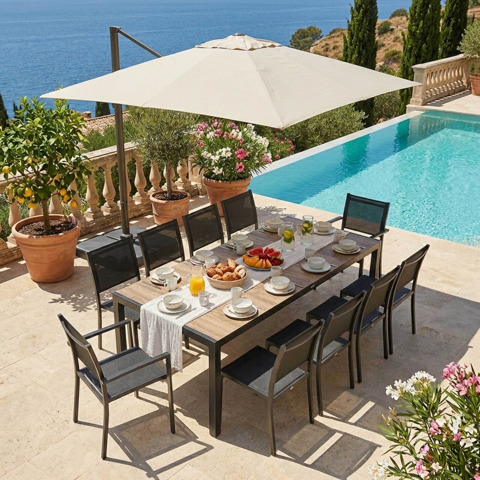 Table de jardin en aluminium et céramique effet bois 206x100 cm et 10 chaises en textilène